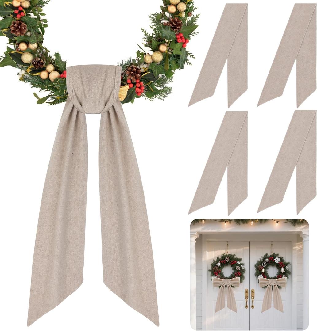 4 Pack Front Door Wreath Blank Sash, Larbeti Burlap Wreath Sashes with 4.7" W56.7" L, Garland Sash Fit for Farmhouse, Wedding, Holiday to Indoor & Outdoor Decorative, for DIY Embroidery(Only Sash)