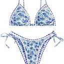 ZAFUL Women's Swimsuits Boho Floral Print String Thong Bikini Set Sexy High Cut Swimwear Bathing Suit, Medium