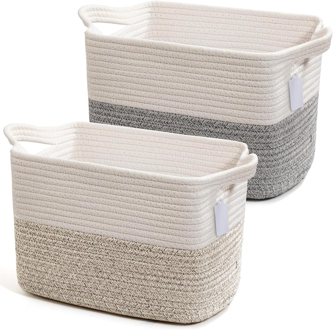 Modern Cotton Rope Storage Baskets with Handles  Woven Organizing Bins for Laundry, Toys, Blankets & Bathroom Storage, Home Decor, Gift Basket Set of 2 (13 x 10 x 9 Inches) (Light Grey + Jute)