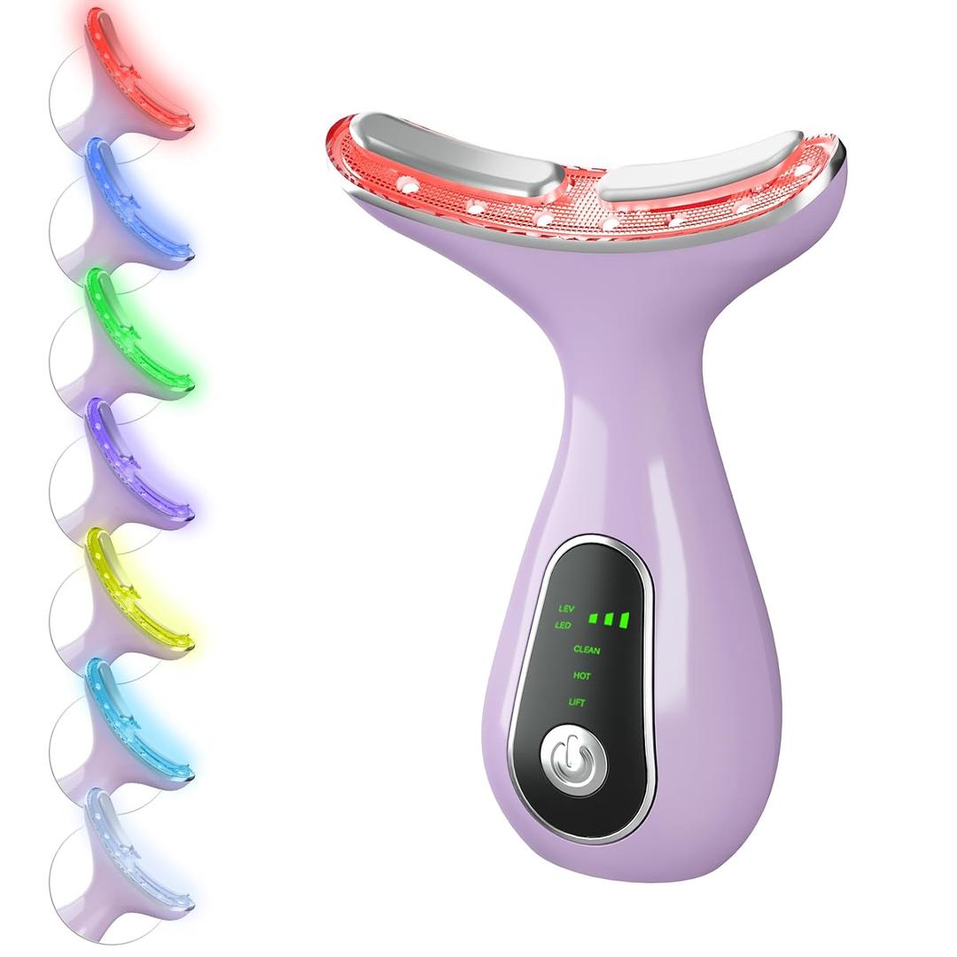 Facial Massager 7 Color Face Lift Device for Face and Neck Massage with 113°F & Vibration & Clean 3-in-1 Multifunctional Wand for Skin Care (Purple)
