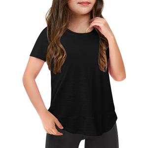 Haloumoning Girls Summer T Shirts Loose Curved Hem Short Sleeve Shirt Athletic Casual Tops Tees 4-14 Years, 140 (Black)