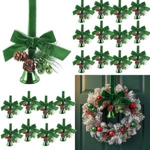 24 Pcs Hanging Christmas Bells for Wreaths Decoration Jingle Bells with Bow and Pinecone Ornaments for Christmas Tree Home Xmas Door Wreath Gifts Holiday Party Decoration(Green)