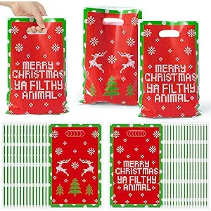 JuPelozak Christmas Party Favor Bags - 100pcs Funny Xmas Movie Goodie Bag, Merry Christmas Ya Filthy Animal Candy Cookies Gift Decor for Adult Teen Fans, Holiday Celebration Decorations Supplies