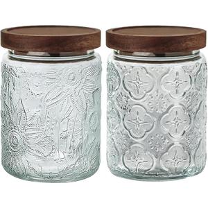 24 OZ Airtight Glass Storage Jar with Bamboo Lid - Vintage Glass Jar Vintage Food Containers Canisters Set for Kitchen Counter & Pantry - Ideal for Sugar, Flour, Coffee, Tea, Candy, Oats -2 Pack ((24oz)Sunflower+Begonia)