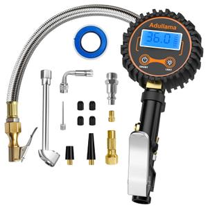 Digital Tire Pressure Gauge with Inflator, 250 PSI Heavy Duty Air Chuck Air Compressor Attachments, Improved Leaks Protection & Stainless Braided Hose Tire Gauge, 0.1 Display Resolution (Standard)