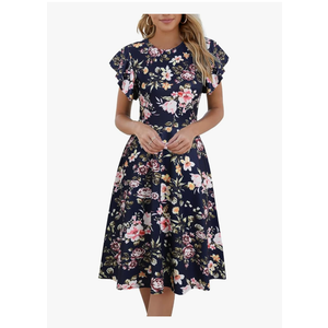HELYO Women's Semi-Formal Ruffle Sleeves V-Back Work Fit and Flare Cocktail Knee Length Dress with Pockets 842 Size L