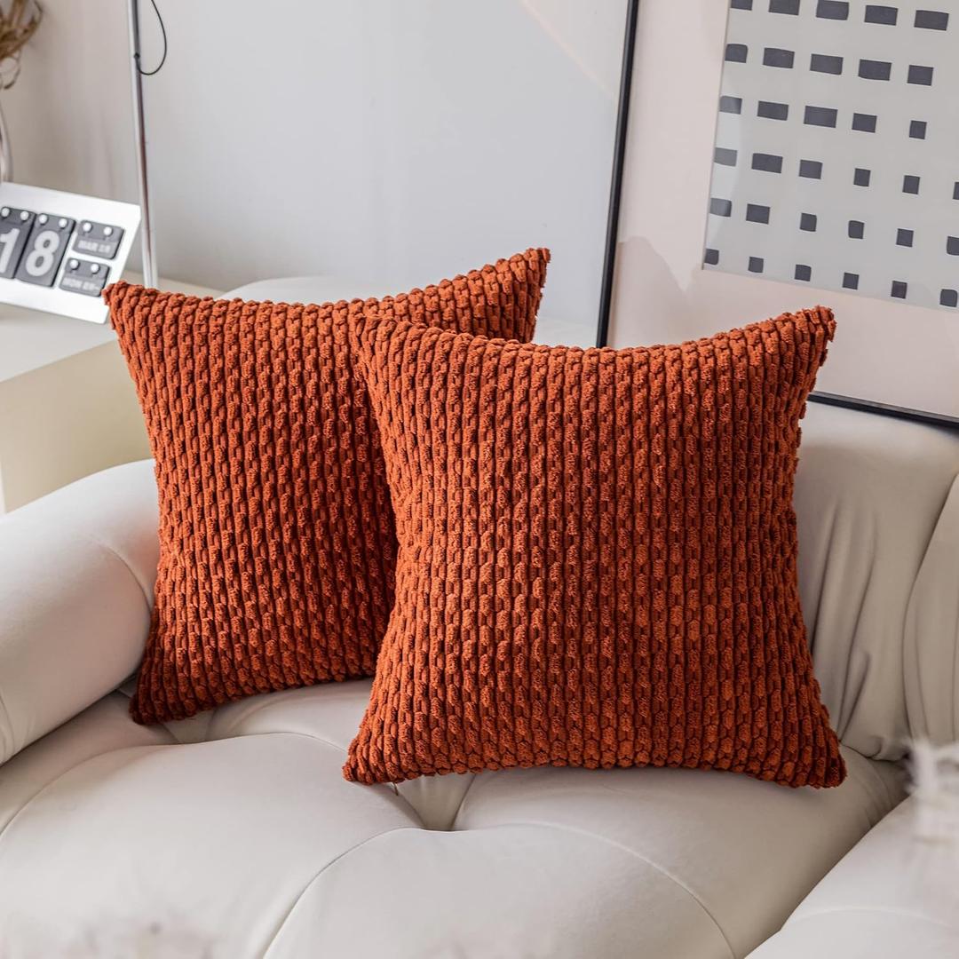 Kevin Textile Fall Corduroy Striped Soft Soild Decorative Square Throw Pillow Covers Set Autumn Cushion Cases Pillowcases for Sofa Bedroom 2 Pcs 16x16 Inch Burnt Brick