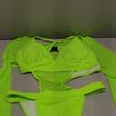 Rave Outfits for Womens - EDC Festival Neon Bodysuit Long Swimsuits Mesh Buckle Shrug Crop Top Club Party 2 Pcs Set (Small, Green)