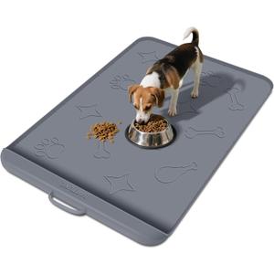 Dog Food Mat with Collection Pocket, 42''x28'' Extra Large Silicone Pet Feeding Mat for Food and Water, Waterproof Anti-Slip Dog Mat with Edge and Handle, Pet Placement for Floor (Dark Grey)