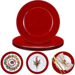 Bokon 6 Pack Christmas Charger Plates 13" Round with Beaded Plastic Charger Plates Elegant Reliable Reusable for Holiday Wedding Party Event Xmas Table Tabletop Dinner Decoration(Red,Classic)