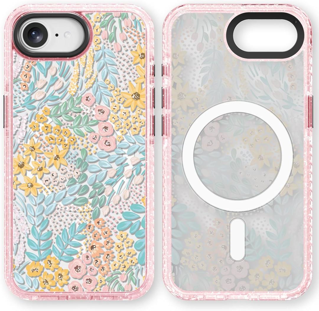 for iPhone 16E Case Cute - Compatible with Magsafe - Durable Shockproof 6.6 ft Drop Impact Phone Case - Funny Blue Spring Design (6.1") Glitter Pink