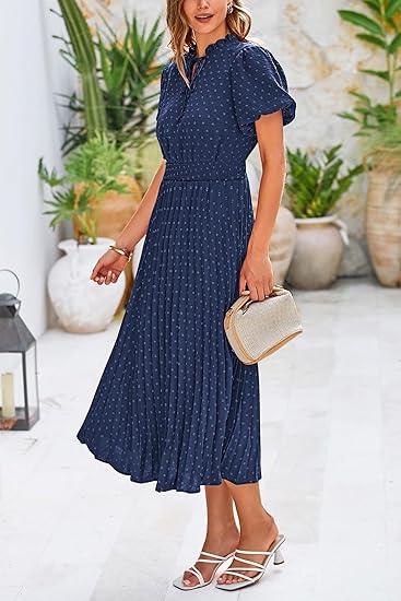 PRETTYGARDEN Womens Summer Midi Dresses Puff Short Sleeve V Neck Swiss Dot Pleated A Line Flowy Long Wedding Guest Dress, Size M