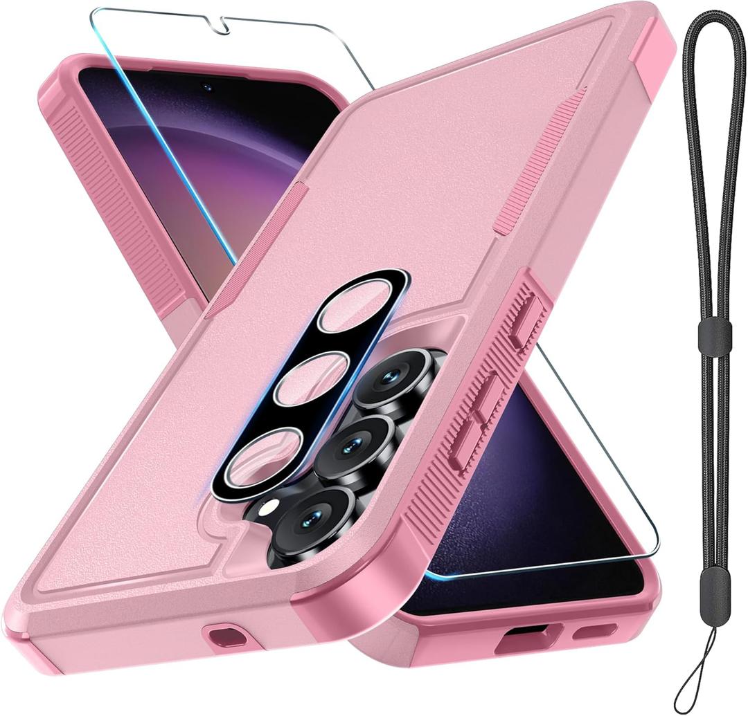 for Samsung Galaxy S25 FE Case with Screen Protector+Camera Lens Cover,Military Grade Heavy Duty Shockproof Phone Cover with Wrist Lanyard Strap for Samsung S25fe,Cute Pink