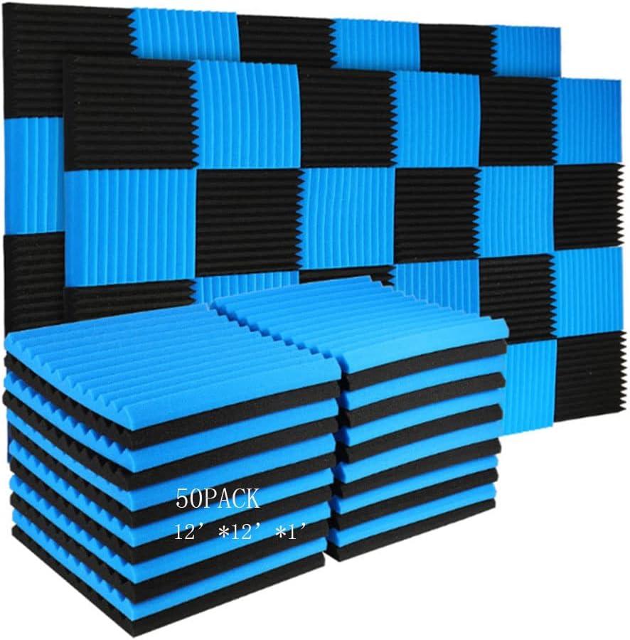 Burdurry 50 Pack Acoustic Panels Soundproof Studio Foam for Walls Sound Absorbing Panels Sound Insulation Panels Wedge for Home Studio Ceiling, 1" X 12" X 12" (Black&Blue)