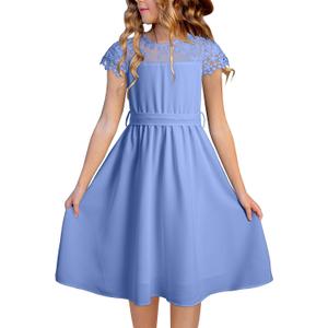 blibean Girls Summer Flower Dresses Semi Formal Lace Wedding Dress Size 6-15 Years (Blue, M)