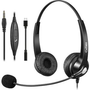 Callez 3.5mm Headset with Microphone Noise Cancelling for Cell Phone PC Laptop, Stereo Computer Headphones for iPhone Android Call Center Office Skype, in-line Control, Clear Chat (Gray-Binaural)
