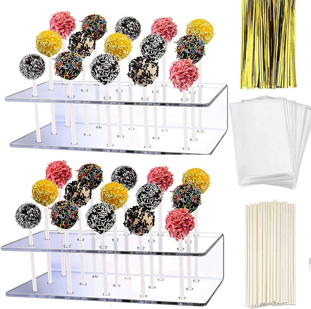 2 PCS Acrylic Lollipop Stand Display Holder 100PCS Lollipop Sticks 100PCS Clear Treats Bags and 100PCS Gold Metallic Twist Ties for Candy Cake Pop Making Tools