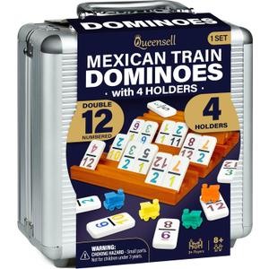 Queensell Mexican Train Dominoes Set with Numbers and 4 Holders - Wooden Hub and Domino Holders - Double 12 with Numbers (D12 Numbers + 4 Holders)