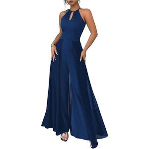 OYOANGLE Women's Wide Leg Halter Jumpsuit Mesh Keyhole Front Overalls Elegant Dressy One Piece Outfits Small