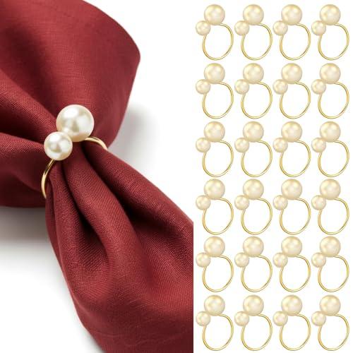 Sliner 12 Pcs Pearl Napkin Rings, Gold Table Napkin Holder Buckles for Dinning Table Setting Christmas Wedding Party Supplies
