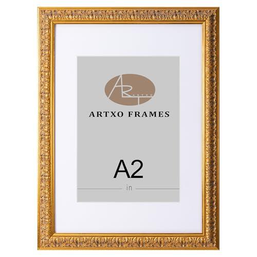 ArtXO A2 Gold Ornate Wood Picture Frame with Clear Plexiglass & Mat - Vintage Decor for Home, Wall Mountable Photo Display 45