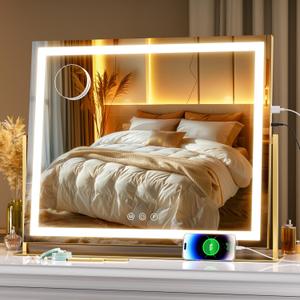 Hasipu Vanity Mirror with Lights, 25.6" x 21.3" LED Makeup Mirror, Light up Mirror with 10X Magnification, USB Charging Port, Smart Touch 3 Colors Dimmable, 360 Rotation (Gold)