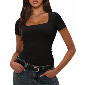 Double Lined Going Out Tops for Women Square Neck Short Sleeve Y2K Slim Fit Crop Tops Cute Summer Outfits black, Small