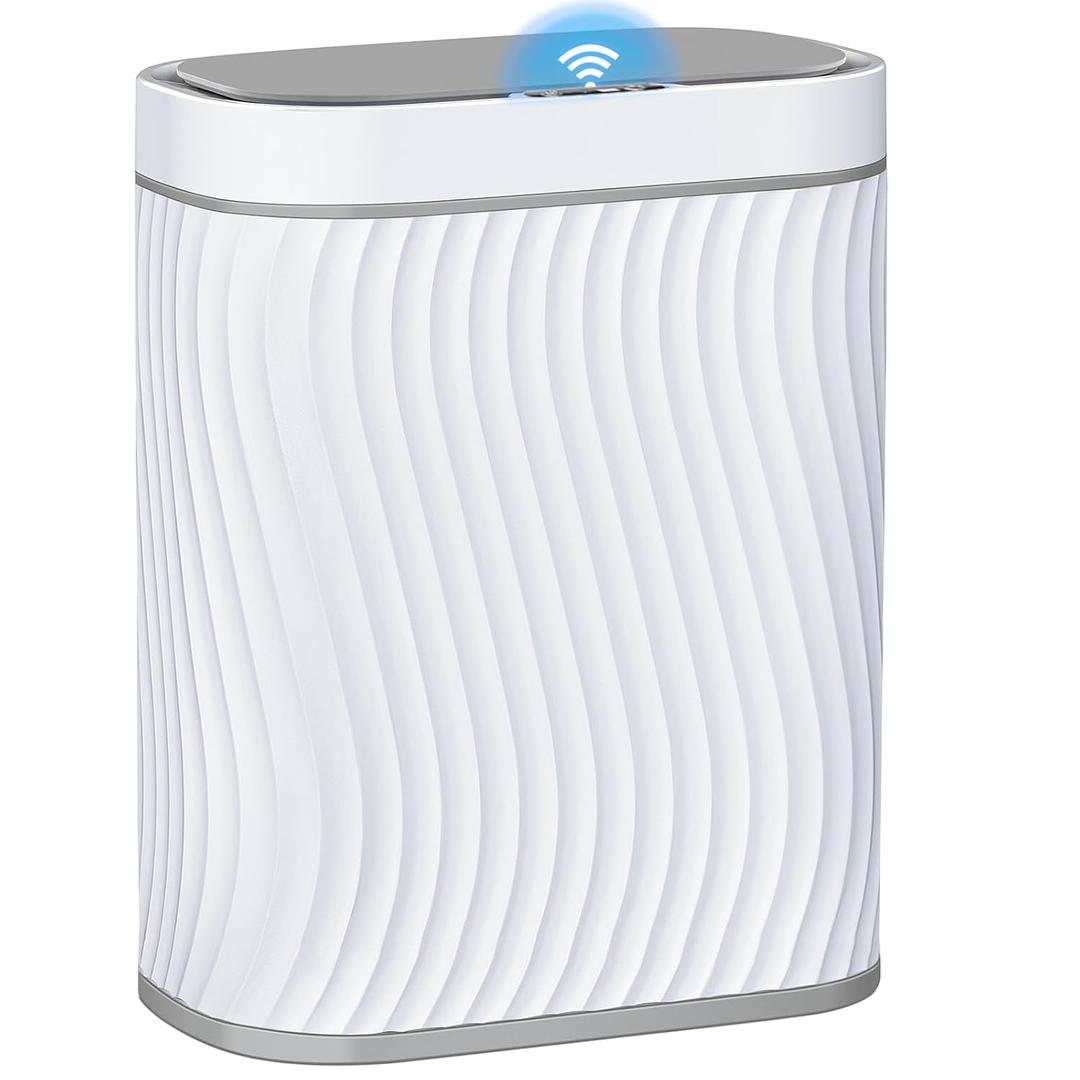 Steo Bathroom Small Trash Can with Automatic Touchless Lid, 2.6 Gallon Smart Garbage Can Narrow Waterproof Trash Bin for Bedroom, Office, Living Room (White Grey)