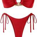 ZAFUL Womens Two Piece Bathing Suit Bandeau Bikini Set High Cut Tie Side Bikini Bottom Metal Ring Swimsuit Shiny Red L