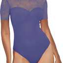 UEOIOW Women's Crew Neck Lace Mesh Short Sleeve Bodysuit Outfits Tops Sexy Thong Bodysuit Blue, XXL