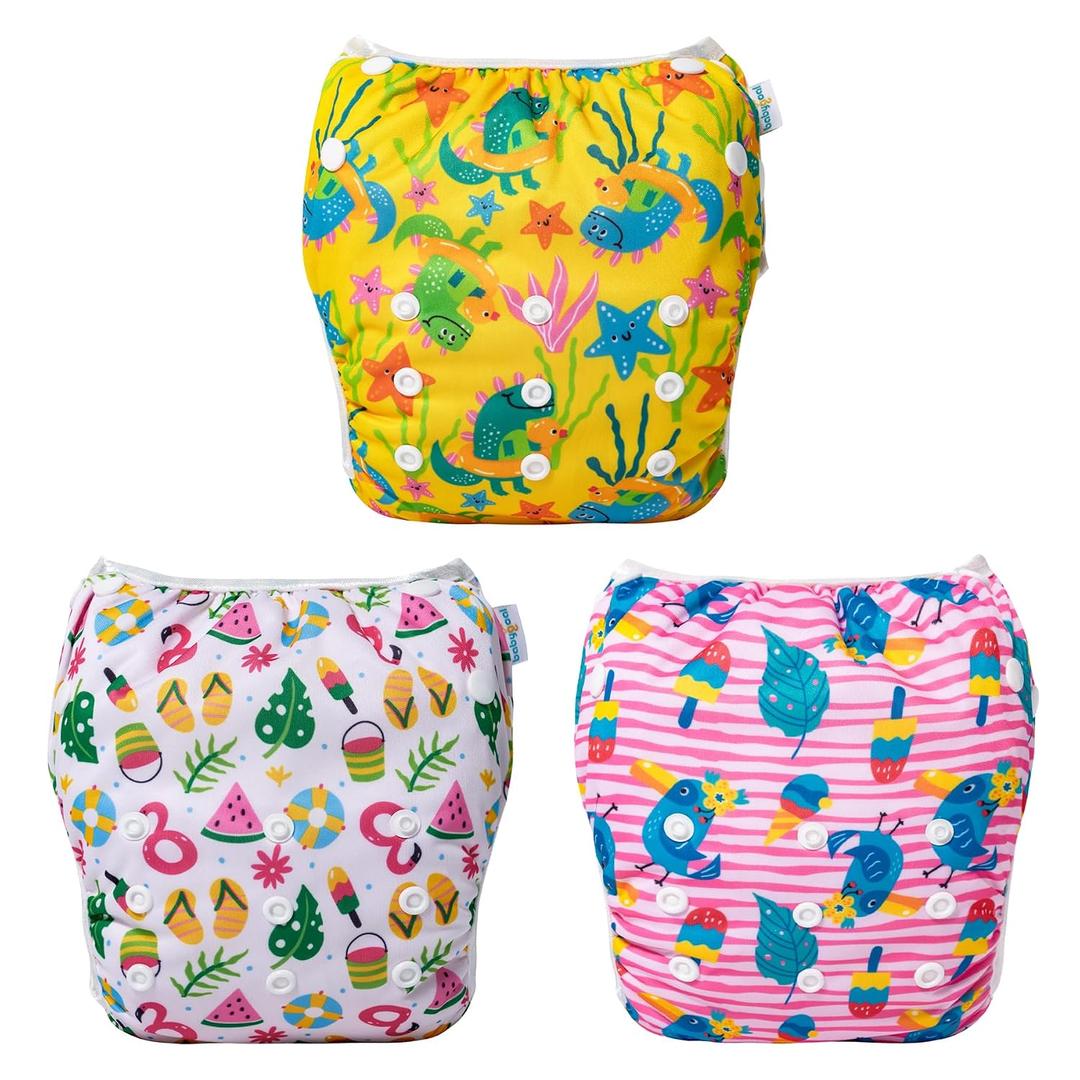 Babygoal Baby Girl Swim Diapers 3 Pack Large, Reusable Adjustable Washable for Swimming Lessons-Bird,Snake,Dinosaur