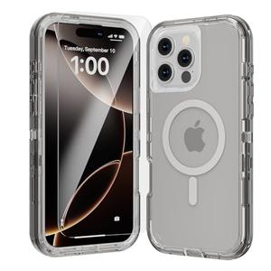 Luckwhale for iPhone 16 Pro Case, Fits Magsafe,Heavy Duty Shockproof Protection Phone Cases with Screen Protector*1, Magnetic Transparent Protective Cover for iPhone 16 Pro 6.3 '', Gray