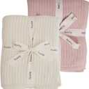 Knitted Organic Cotton Baby Blanket Swaddle Blanket, 30" x 40" Soft Receiving Blanket for Newborn 2Pack (Soft White and Blush)