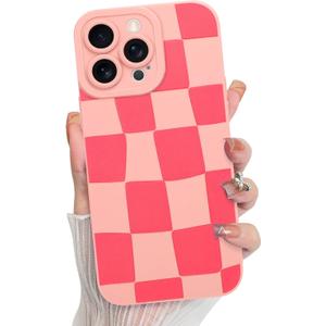 KANGHAR Compatible with iPhone 13 Pro Max Case, Silicone Checkered Cute Pattern, Camera Protection Soft Slim Phone Case for Girls Women -Pink