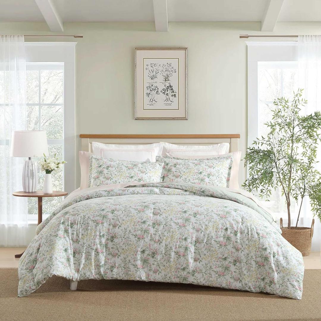 Laura Ashley - Full/Queen Comforter Set, Super Soft Cotton Bedding with Matching Sham, Botanical Design, Vintage Bed Essentials (Bramble Floral Pink, Full/Queen)
