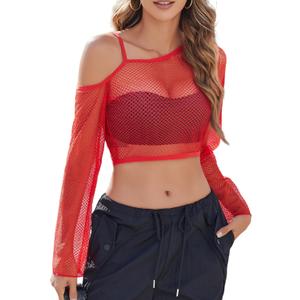 Avidlove Mesh Crop Tops for Women Long Sleeve Fishnet Shirt See Through Tops Rave Outfits Party Clubwear (Red)