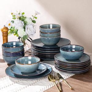 AmorArc Ceramic Dinnerware Sets for 8, 24 Pieces Handpainted Plates and Bowls Set, Scratch Resistant Stoneware Dishes Set, Dishwasher & Microwave Safe, Ceylon Blue