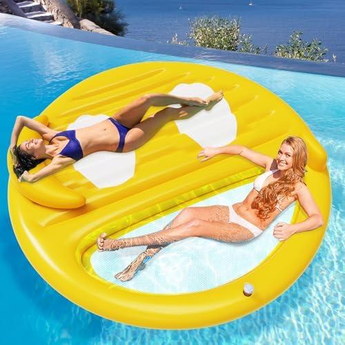 Inflatable Tanning Pool Lounger Float,Lake Floats for Adults - 71" X 71" Large Pool Floats with Headrest and Cup Holder Sunbathing Pool Lounge Raft Floatie Toys Water Filled Bed Mat Pad﻿