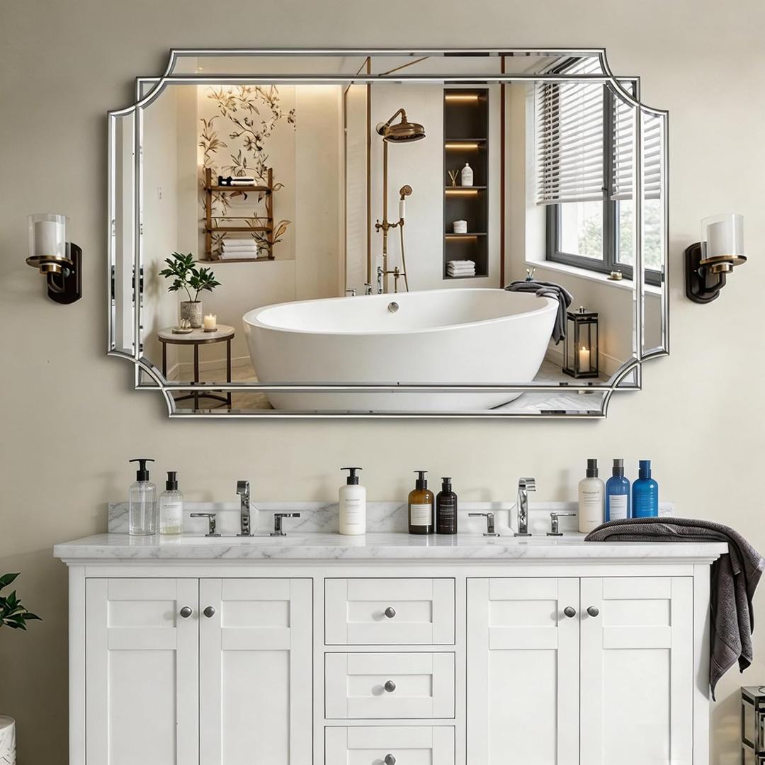 48"x31.6" Rectangle Beveled Mirror with Silver Geometric Frame