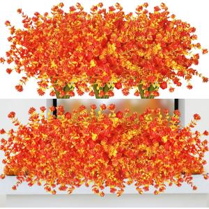 Artificial Fall Flowers Outdoor UV Resistant 8 Bundles Faux Flower and Plants Fake Autumn Mums Plastic Greenery Shrubs for Outside Planter Porch Window Boxes Garden Decoration (Orange)
