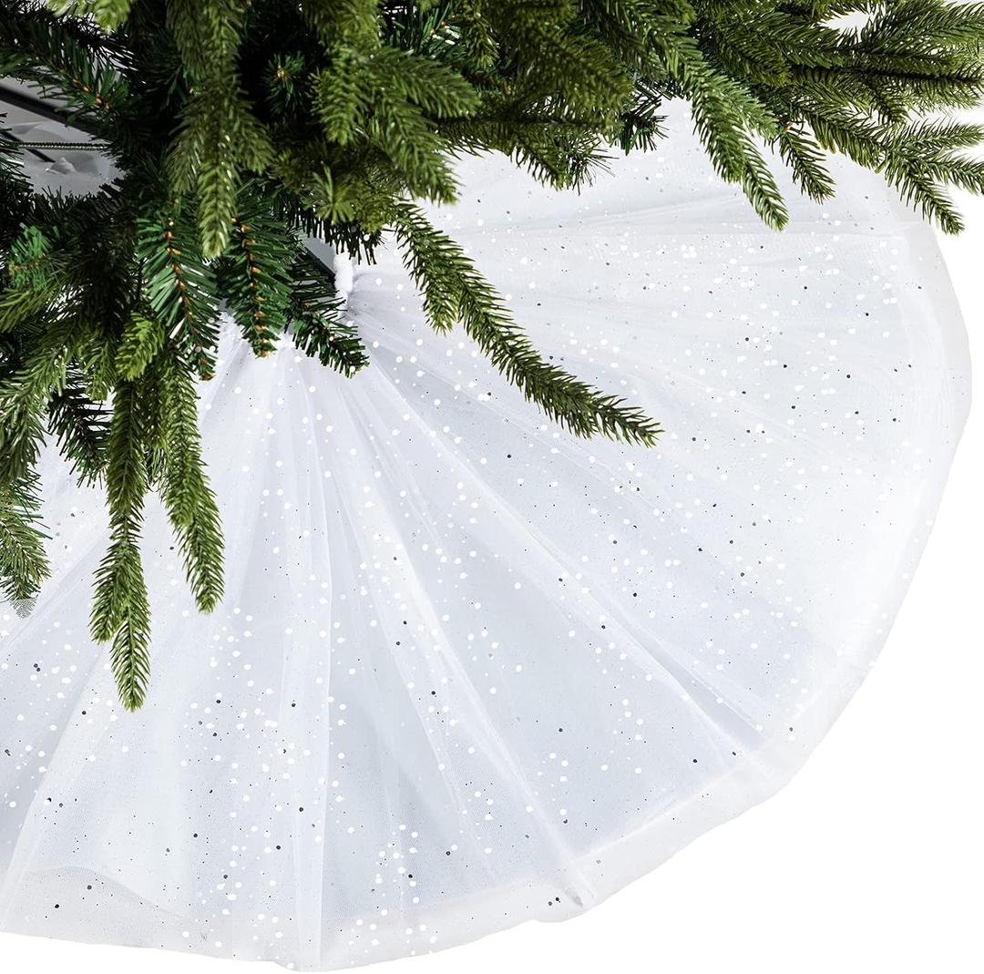 Skylety 48 Inch Christmas Tree Skirt Ruffle Tulle Sequin Round Glitter Double Layers Xmas Tree Skirt for Christmas Holiday New Year Wedding Anniversary Birthday Party Indoor Decoration (White)