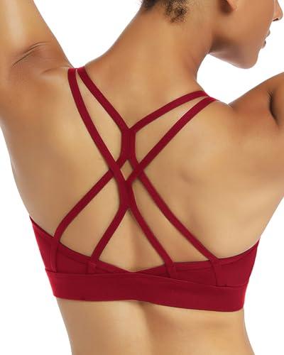 RUNNING GIRL Strappy Sports Bra for Women Sexy Crisscross Back Light Support Yoga Bra with Removable Cups Wine Red, Size L