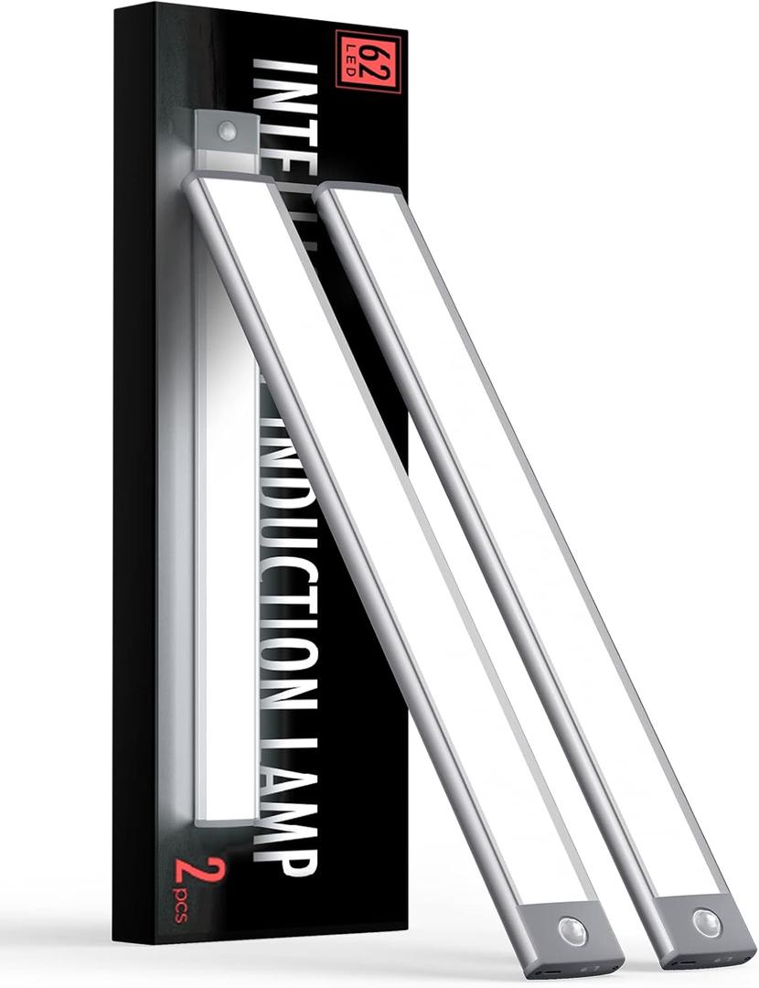 2 Packs Under Cabinet Lights, 2000mAh Rechargeable 62 LED White Lighting, Wireless Motion Sensor Light Indoor,4 Modes Night Light, Stick-On Magnetic Closet Lights for Kitchen, Hallway