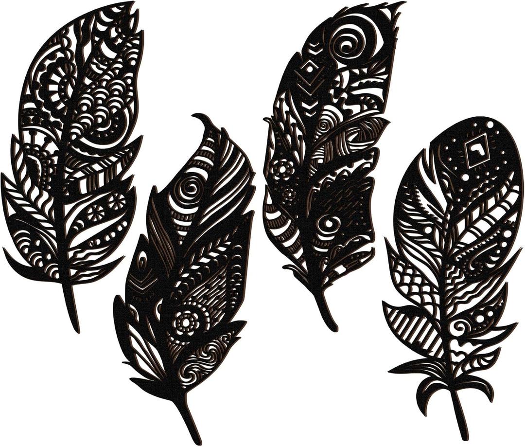 Qunclay 4 Pieces Feather Wall Decor Wooden Feather Wall Art Boho Wall Decor Laser Cut Hanging Mandala Large Rustic Farmhouse Wood Sign for Home Living Room Bedroom Bathroom Kitchen(Black)
