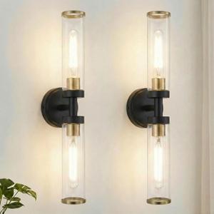 Black and Gold Wall Sconces Set of Two, Bathroom Light Fixtures with Clear Glass Modern Hardwired Wall Scones for Bathroom Mirror Living Room Hallway Bedroom(Bulbs Not Include)