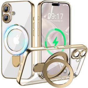 Pmteyoim Magnetic for iPhone 17 Case with Invisible Stand[Compatible with MagSafe][Full Camera Lens Protector][Military Drop Protection] Shockproof Not Yellowing Clear Slim Soft for Women Men
