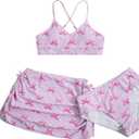 Floerns Girl's 3 Piece Swimsuit Cherry Print Cute Bikini Set with Cover Up Skirt, pink bow, 11 years
