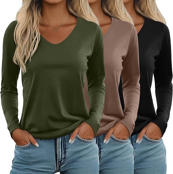 Ficerd 3 Pack Women's Long Sleeve T Shirts, V Neck Basic Tops Fall Casual Trendy Tees Loose Fit Soft Clothes Outfits, XXL