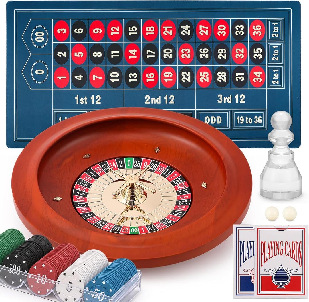 11" Roulette Wheel Set: Solid Roulette Wheel with 47.2 * 23.6 Roulette Table Layout Felt Mat 100pcs ABS Poker Chips Roulette Win Marker 2 Decks of Playing Cards Casino Game Sets