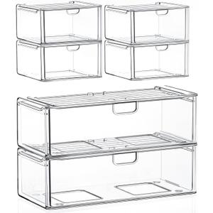 caktraie Acrylic Storage Drawers Set of 6, Clear Makeup Organizer, Plastic Organizer Bins for Beauty Supplies,Ideal for Vanity, Bathroom,Cabinet,Pantry Organization